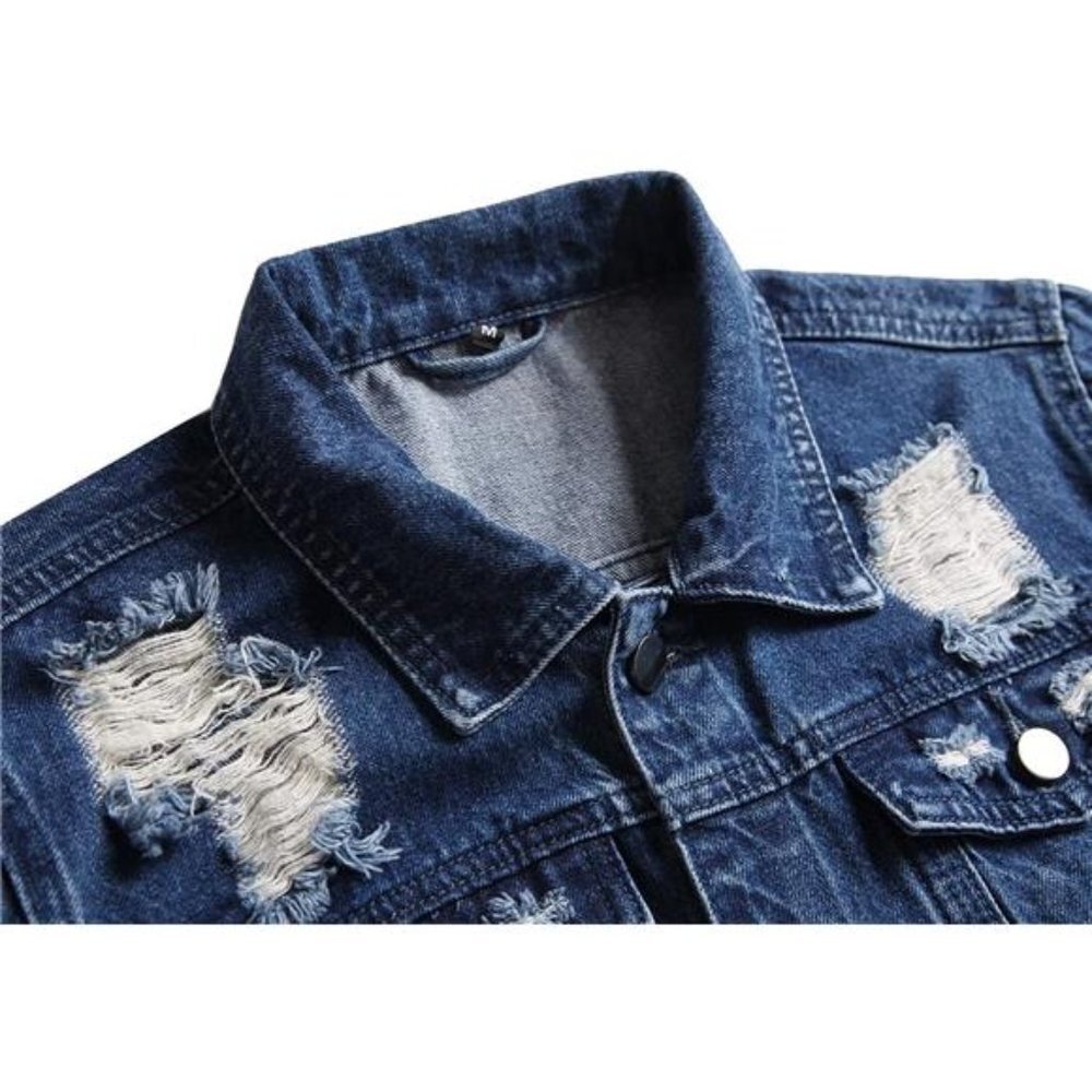 Dark Blue Distressed Jean Jacket Ripped Acid Wash Slim‎ Denim Trucker Jacket - Picture 2 of 7